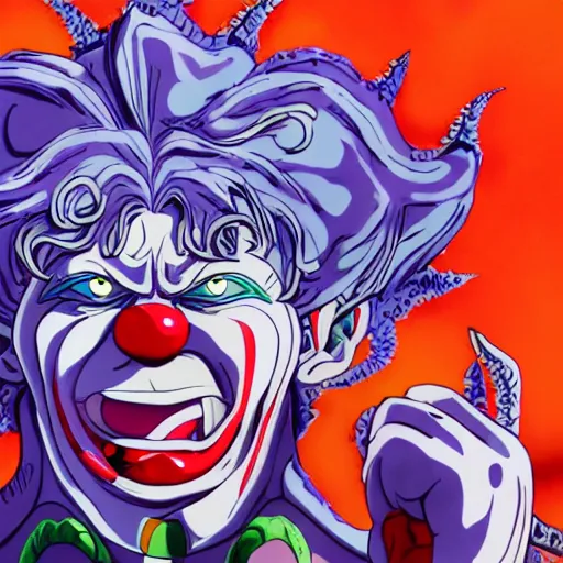 Prompt: 4K headshot of godlike clown with defined arms and open hands and bloody clothes with giant mandala wings , intricate face , flawless anime cel animation by Kentaro Miura, psychedelic , Broly , highly detailed upper body , professionally post-processed , beautiful, scary, symmetry accurate features, epic, octane rendered, anime masterpiece, accurate