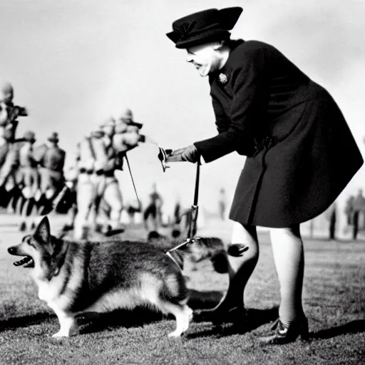 Image similar to historical photo of queen elizabeth and her corgis defeating the nazis, natural sunlight, sharp focus, highly detailed