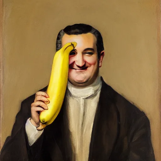 Prompt: portrait of Ted Cruz holding a banana, Dutch masters, high quality