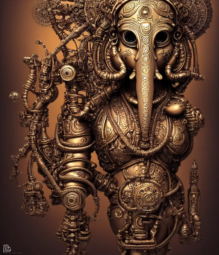 Image similar to steampunk cybernetic biomechanical indian god ganesha, front facing, symmetric, 3 d model, very coherent symmetrical artwork, unreal engine realistic render, 8 k, micro detail, intricate, elegant, highly detailed, centered, digital painting, artstation, smooth, sharp focus, illustration, artgerm, tomasz alen kopera, wlop