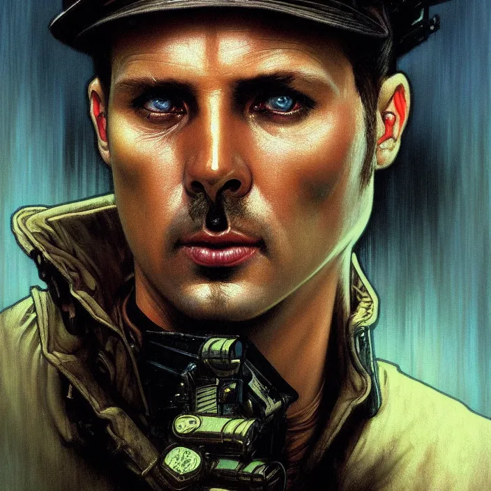 Prompt: excellent painted portrait of a replicant sanitation worker from blade runner (1982), cyberpunk blade runner art, character artwork, 8k resolution artwork, trending on artstation, detailed oil painting portrait, art by artgerm and greg rutkowski and alphonse mucha and craig mullins and James Jean and Andrei Riabovitchev and Marc Simonetti and peter mohrbacher, matte painting