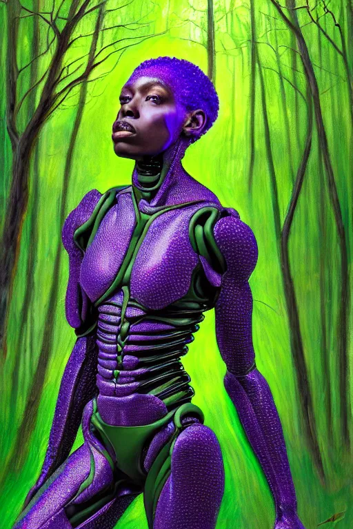 Image similar to hyperrealistic post - raphaelite super expressive! black woman with exoskeleton armor, merging with tree in a forest, highly detailed digital art masterpiece smooth cam de leon eric zener dramatic pearlescent green purple light ground angle hd 8 k sharp focus