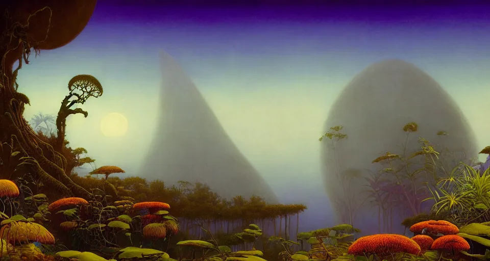 Prompt: beautiful rendering of exotic plants by daniel merriam and karol bak and martin johnson heade, xenoplanet by roger dean and moebius, at night, ( ( ( misty atmosphere ) ) ), mantra rendering, matte painting, high detailed, 4 k, trending on artstation