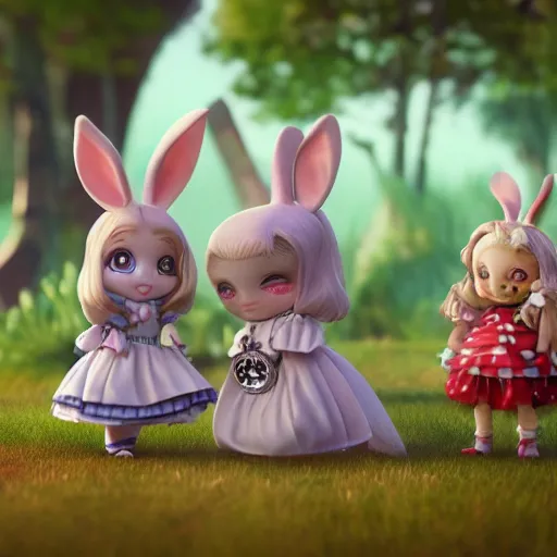 Image similar to rabbit checking pocket watch doll figurine, alice in wonderland theme, octane render 8 k, disney inspired landscape, artstation, cinematic lighting, hd, ultra realistic