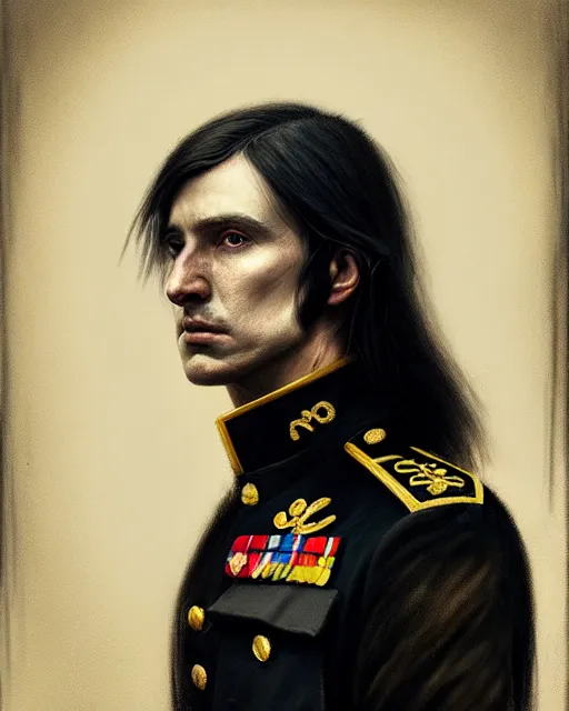 Image similar to realistic portrait of a young handsome war general in his black uniform, long hair, greg rutkowski, seb mckinnon, matte painting, delicate, facing the camera, mysterious, hyper realism, 1 4 5 0, ink, ultra realistic, 8 k