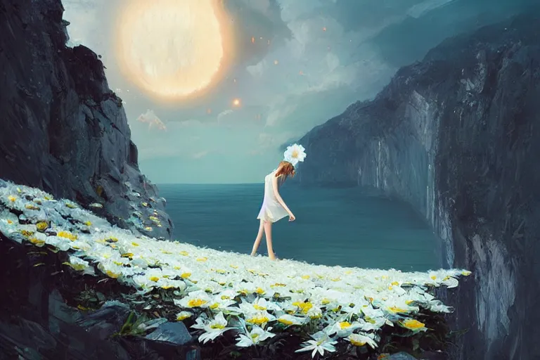 Image similar to giant white daisy flower as a head, girl dancing on cliff, surreal photography, solar eclipse, milky way, dramatic light, impressionist painting, clouds, digital painting, artstation, james gilleard, liam wong, jeremy mann, simon stalenhag