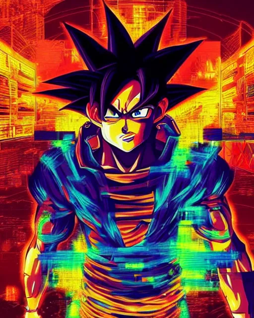 Image similar to a glitch art of cyberpunk son goku trending on artstation deviantart pinterest hyper detailed photorealistic highlights and shadow hd 8 k post - processing high resolution