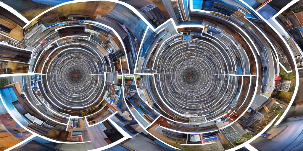 Image similar to equirectangular 360 vr urban street twisted into spiral, highly detailed, photorealistic, reflections, smooth, sharp focus, concept art, illustration, beautiful, geometric, trending on artstation, cinematic, featured on behance , artwork by WLOP and Tran, Ross