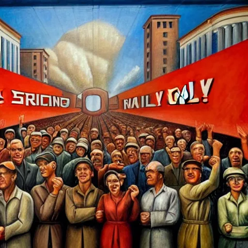 Image similar to the word daily!!!!!!!!!!!!!!!!!!!!!!!! depicted in a socialist realist mural