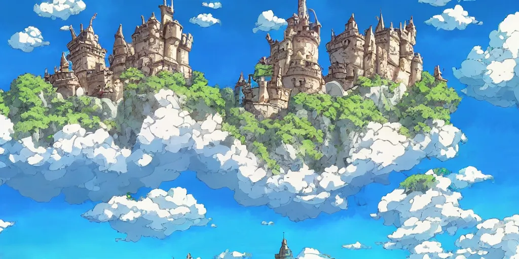 Prompt: floating marble island in the sky with a medieval castle on it, red dragons, laputa, studio ghibli, anime style, azure blue sky