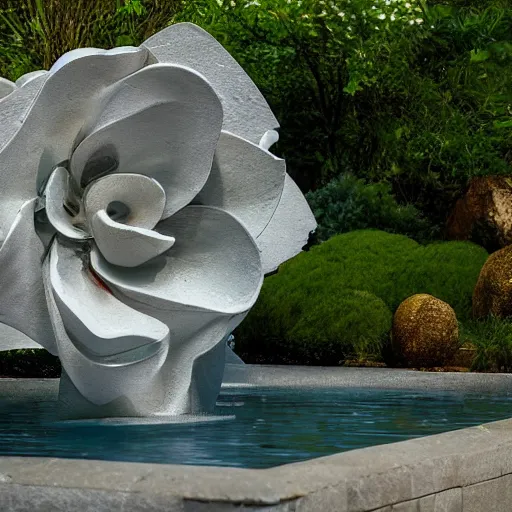 Image similar to photograph of Georgia O'Keefe flower sculptural fountain with flower petals and water flowing throughout, feminine, beautiful, curvy, flowers background, romantic, sensual, shallow depth of field