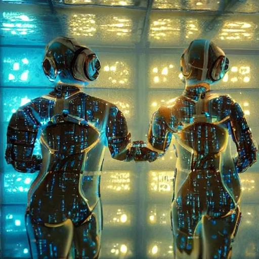 Prompt: love, diverse floating cybersuits, from behind, in water, connection rituals, wide wide angle, vivid, elaborate, highly detailed, beautiful lighting