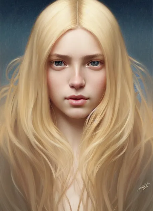 Prompt: beautiful symmetrical face! portrait of young woman blessed with ever - increasing physical and mental perfection, realism, blonde hair, perfect face!! intricate, elegant, highly detailed, vision of holy perfection!! digital painting, artstation, concept art, smooth, sharp focus, illustration, humanity, art by artgerm and greg rutkowski and alphonse mucha