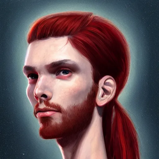 Image similar to portrait of a thin young man with long red hair, ponytail, a lot of freckles on his face, intricate, elegant, glowing lights, highly detailed, digital painting, artstation, concept art, smooth, sharp focus, illustration