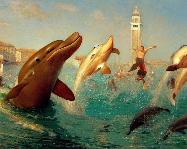 Prompt: dolphins swimming and jumping in venice, painting by gaston bussiere, craig mullins, j. c. leyendecker