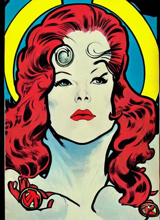 Image similar to a woman with red hair. she is a superhero, wearing a superhero costume. well composed, clean elegant painting, beautiful detailed face. retro comic book art by steve ditko and jack kirby and ( alphonse mucha )