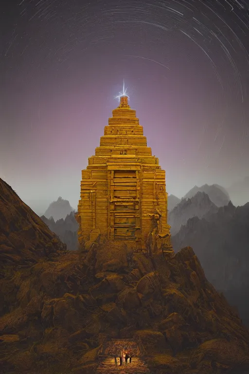 Image similar to yellow glowing ancient temple between mountains, star trails above, dramatic lighting, artstation, matte painting, filip hodas