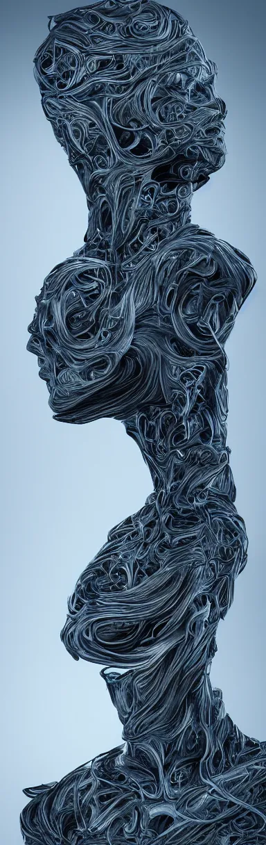 Prompt: epic illustration, digital abstract sculpt of beautiful female face silhouette and black swirling concrete acrylic portrait, black latex sculpt, octane render, mechanical superstructure, sacred geometry, glowing edges, magic hour, beautiful light, sculpture of carving marble, dark colors, dark mood, one point light, clockwork, epic matte painting, concept art, bokeh, digital painting, artstation