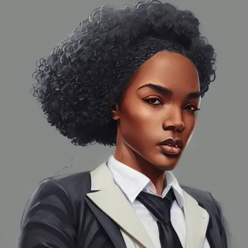 Prompt: confident black female lawyer with natural hair, courtroom shot, portrait, highly detailed, digital painting, trending on artstation, concept art, sharp focus, illustration, art by artgerm and greg rutkowski and magali villeneuve