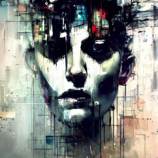 Image similar to portrait of a cyberpunk in a dark future noir city by jeremy mann, francis bacon and agnes cecile, ink drips, paint smears, digital glitches glitchart c - 1 0