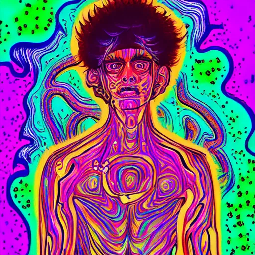 Prompt: a psychedelic young godlike humanoid, hyper detailed, in the style of rutkowski and junji ito and bob ross and lisa frank, selfie