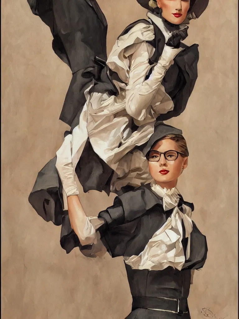 Prompt: stylish painting of future model in 2050 climate refugee outfit dress in the style of JC Leyendecker