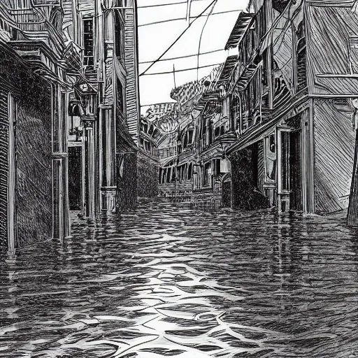 Prompt: water flowing through the streets in an old city, drawing by moebius