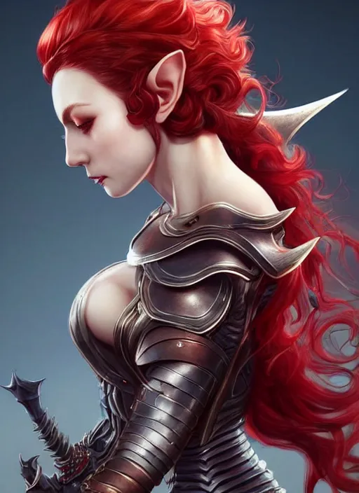 Image similar to leather armor!!! beautiful and elegant curly red hair female elf!! gorgeous ayes!! character concept art, sharp focus, octane render! unreal engine 5! highly rendered!! trending on artstation!! detailed linework!! illustration by artgerm, wlop, and chie yoshii