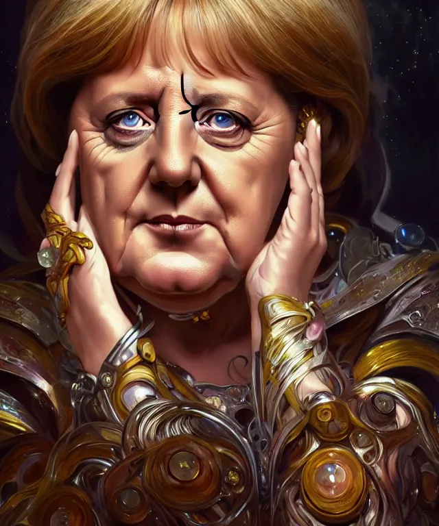 Image similar to angela merkel as a fantasy magic woman portrait, sci - fi, amber eyes, face, long hair, fantasy, intricate, elegant, highly detailed, digital painting, photo by reuters, artstation, concept art, sharp focus, art by artgerm and greg rutkowski and alphonse mucha