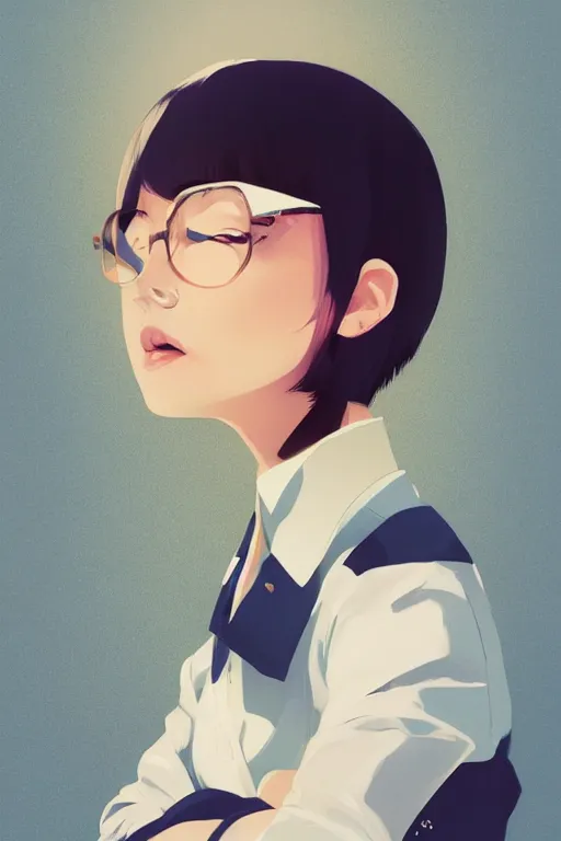 Prompt: a cute girl with shoulder - length white short hair wearing school uniform, cold color background, warm color clothes, sharp focus, pure background color, illustration, morandi color scheme, art station, by ilya kuvshinov