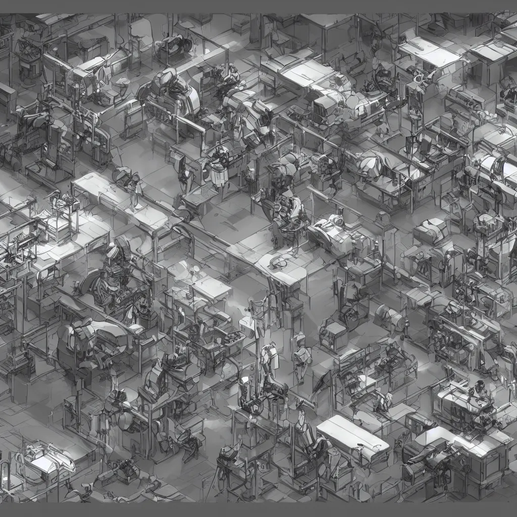 Prompt: storyboard sketches of robot factory production line, cinematic, epic, 4 k, concept art by feng zhu