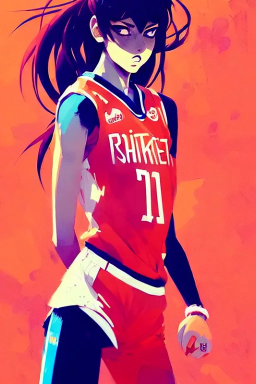 Image similar to a ultradetailed beautiful panting of a stylish girl in a basketball jersey, by conrad roset, greg rutkowski and makoto shinkai, trending on artstation