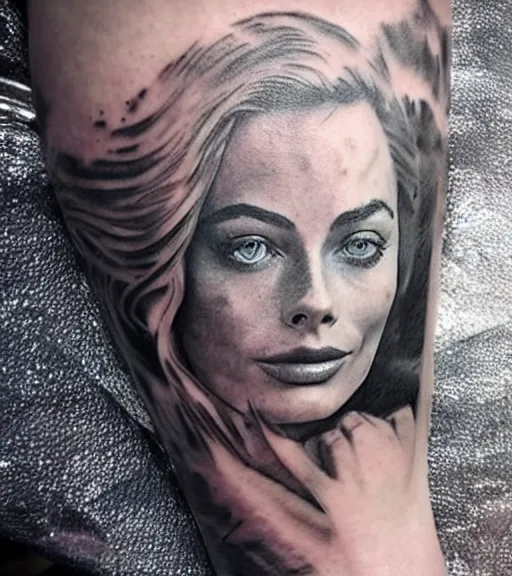 Image similar to beautiful durrealist double exposure tattoo sketch of margot robbie and beautiful mountains mash up, in the style of lesha lauz, amazing detail, sharp