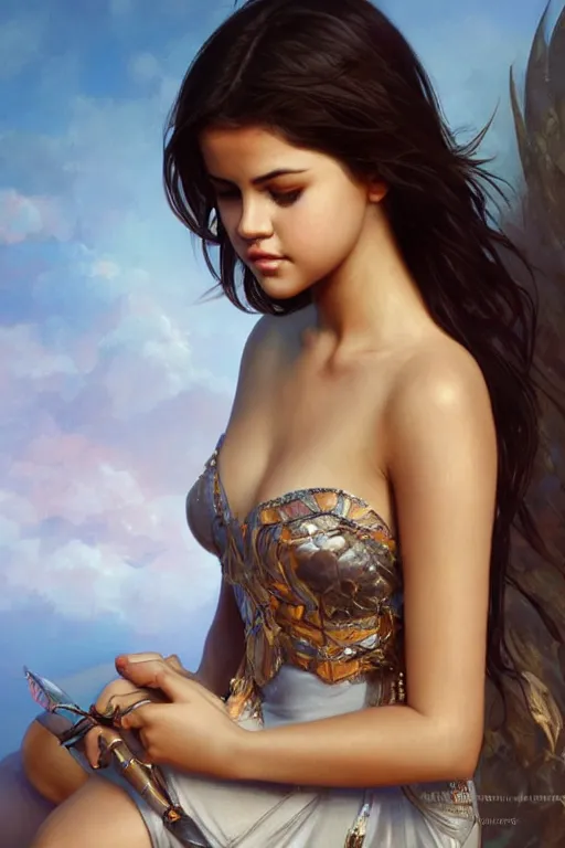 Image similar to ultra realistic illustration, selena gomez, elegant, highly detailed, digital painting, concept art, smooth, sharp focus, illustration, art by artgerm and greg rutkowski and alphonse mucha