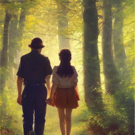 Image similar to A painting of a father and daughter walking through a beautiful forest holding hands, brunette hair, golden hour, art by Kenne Gregoire and Krenz Cushart, Norman Rockwell trending on artstation