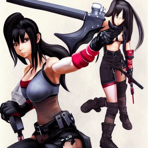 Image similar to concept art of tifa lockhart holding unusual weapon, showing face and body, trending on artstation