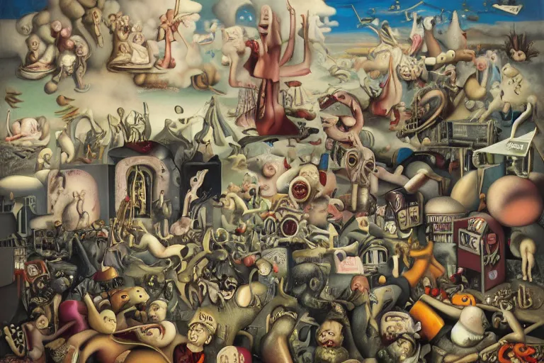 Prompt: a strange battle in an old hospital between old people and babies Robert Williams Yves Tanguy Mark Ryden and Alex Gross, Todd Schorr highly detailed balanced composition golden ratio masterpiece