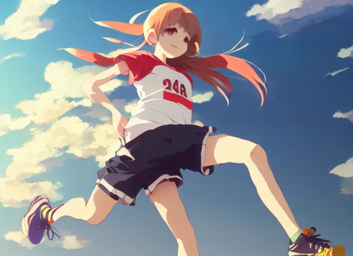 Prompt: high school runner girl, sunny sky background stadium landscape illustration concept art anime key visual trending pixiv fanbox by wlop and greg rutkowski and makoto shinkai and studio ghibli and kyoto animation symmetry red sports clothing marathon yellow running shoes number tag