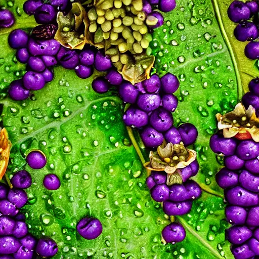 Image similar to nature shot of alien jungle fruit covered in dew drops floating atop shimmering waters, looming milky purple mist in the background, vines, tendrils, lotus style and shape in tilt shift, low angle by kazuya takahashi