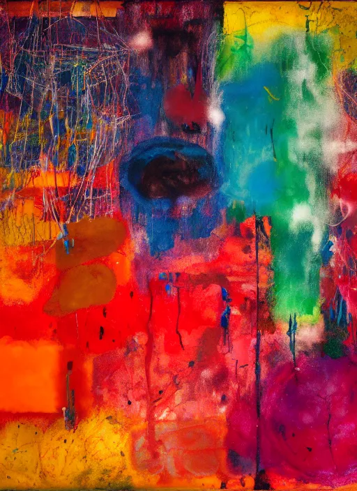 Prompt: beautiful abstract composition by frank bowling and eddie martinez and pat steir and hilma af klint, dripping paint, expressionism, washy brush, oil on canvas, matte painting, rendered in octane, altermodern, masterpiece