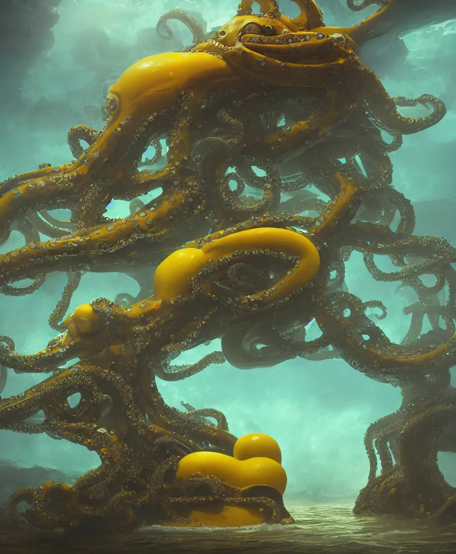 Prompt: giant octopus grabbing a small yellow submarine underwater, illustrated by simon stalenhag and gaston bussiere, beautiful volumetric lighting style atmosphere, intricate, ultra detailed, photorealistic imagery, trending on artstation, octane render, 8 k