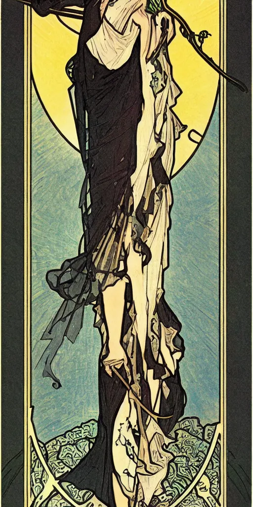 Image similar to an art deco illustration of the grim reaper on a tarot card with an elegant border by alphonse mucha