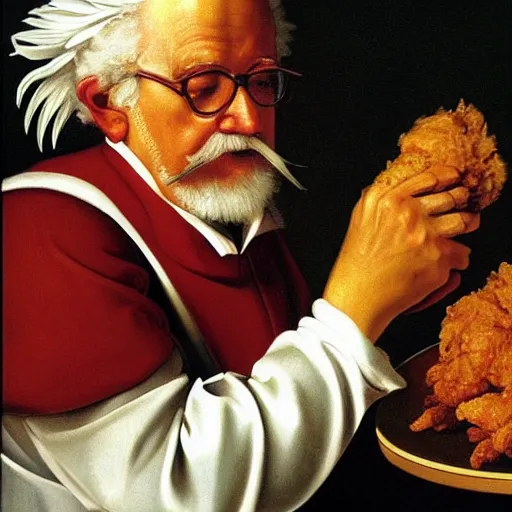 Prompt: Colonel Sanders eating fried chicken. Painted by Caravaggio, high detail