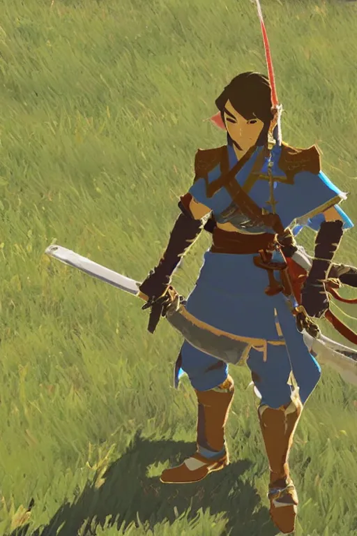 Prompt: in game footage of a samurai from the legend of zelda breath of the wild, breath of the wild art style.