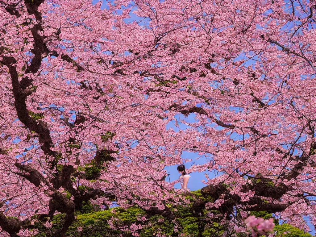 Image similar to japanese beauty, sakura on background, XF IQ4, 150MP, 50mm, f/1.4, ISO 200, 1/160s, natural light, Adobe Photoshop, Adobe Lightroom, DxO Photolab, polarizing filter, Sense of Depth, AI enhanced, HDR