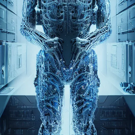 Image similar to ultradetailed illustration of a biomechanic evil cyborg posing in front of a futuristic neuronal supercomputer, by greg rutkowski and Zdzisław Beksiński., photorealistic, 8k, intricate, futuristic, dramatic light, trending on cg society