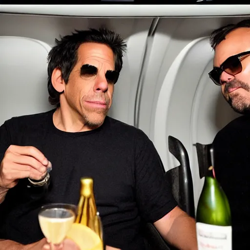 Image similar to ben stiller and jack black on an airplane, drinking champagne, crying