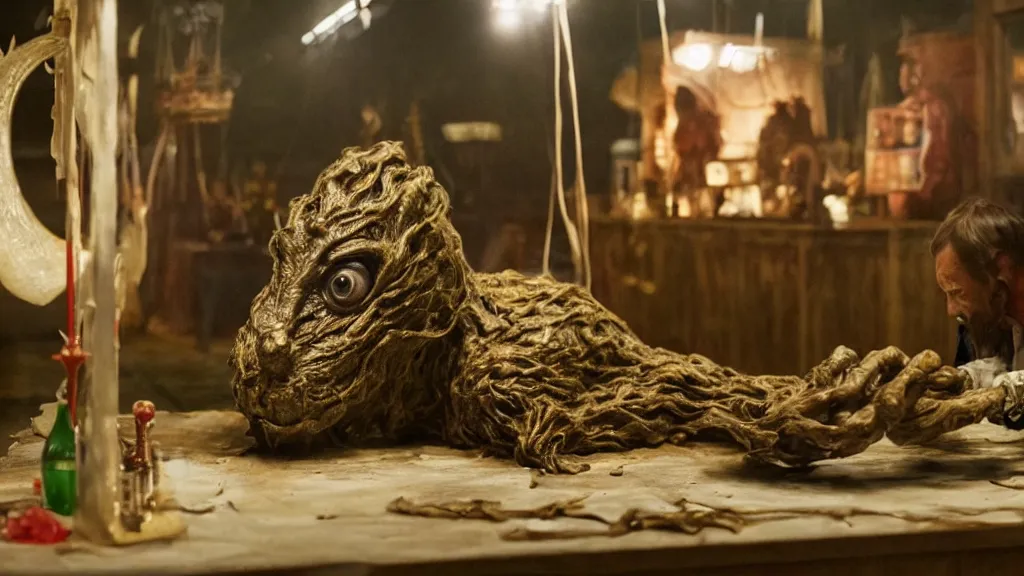 Image similar to the strange creature at the county fair, made of wax and oil, film still from the movie directed by Denis Villeneuve with art direction by Salvador Dalí, wide lens