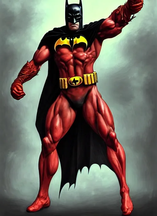 Image similar to portrait of aggressive old tired unshaved batman, d & d, muscular! athetic slim bodybuilder, red and yellow color scheme, futuristic, sci fi, dynamic fighting stance, fantasy, intricate, elegant, highly detailed, digital painting, artstation, concept art, smooth, sharp focus, illustration, art by artgerm and greg rutkowski and alphonse mucha