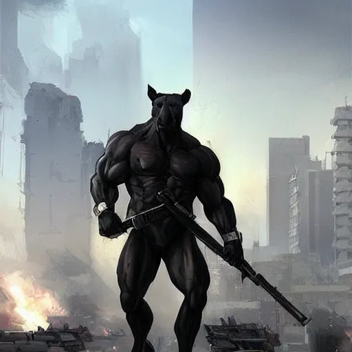 Prompt: a massive musclebound black - coated male anthro horse wearing a tactical outfit in a city warzone, equine, highly detailed, digital painting, artstation, sharp focus, smooth, concept art, illustration, art by artgerm, greg rutkowski, wlop